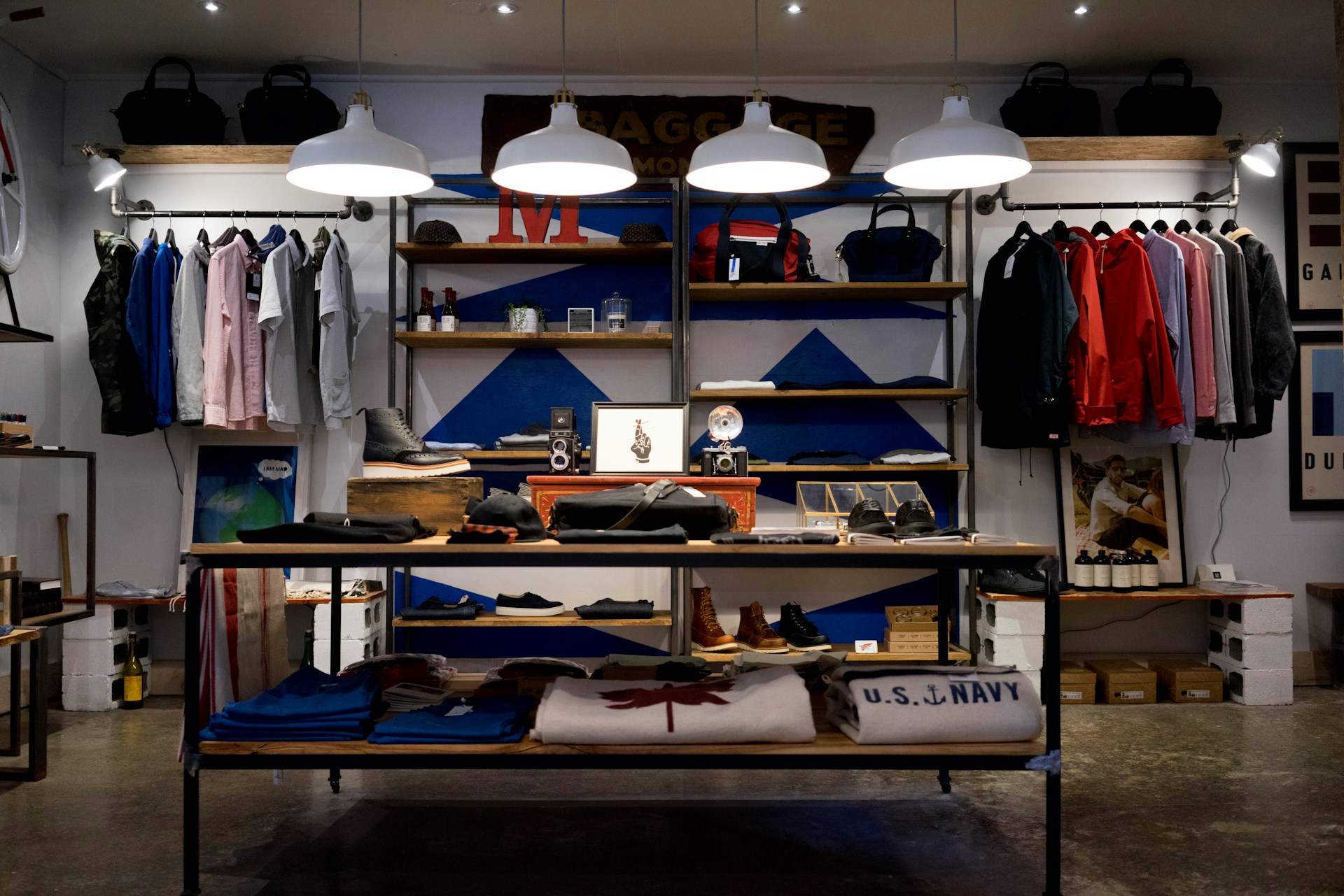 Bright apparel retail floor with clothing displays